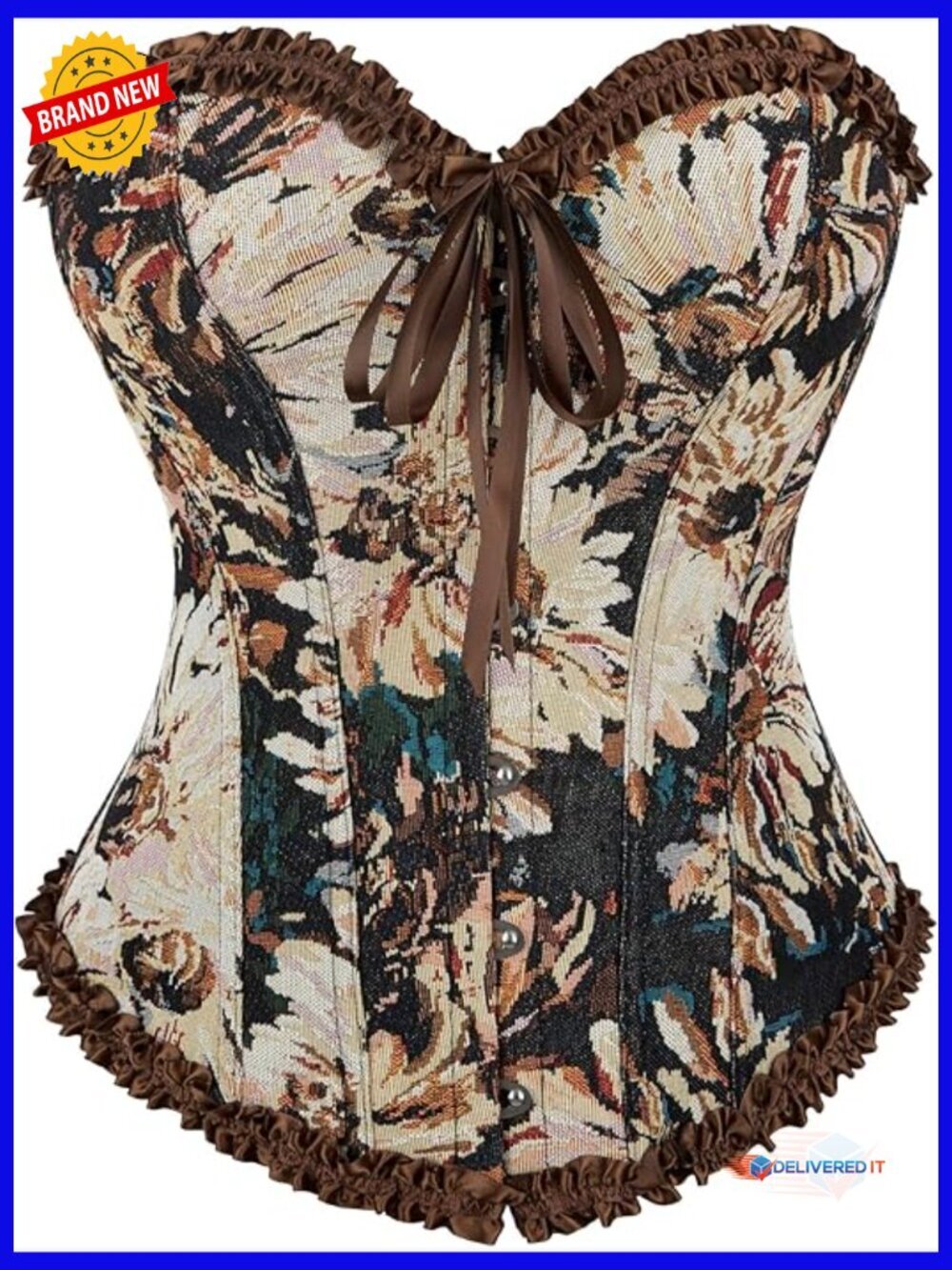 Classic Black Floral Renaissance Lace Up Boned Overbust Corset Top Bustier
